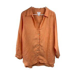 Sigrid Olsen Size 1X 100% Linen Orange Long Roll Tab Sleeve Button Up Top V-Neck